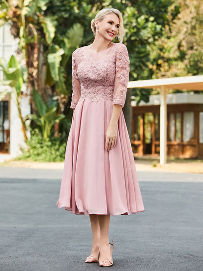 A-line Lace Appliqued Tea-length Dress Dusty Rose