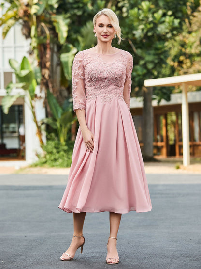 A-line Lace Appliqued Tea-length Dress Dusty Rose