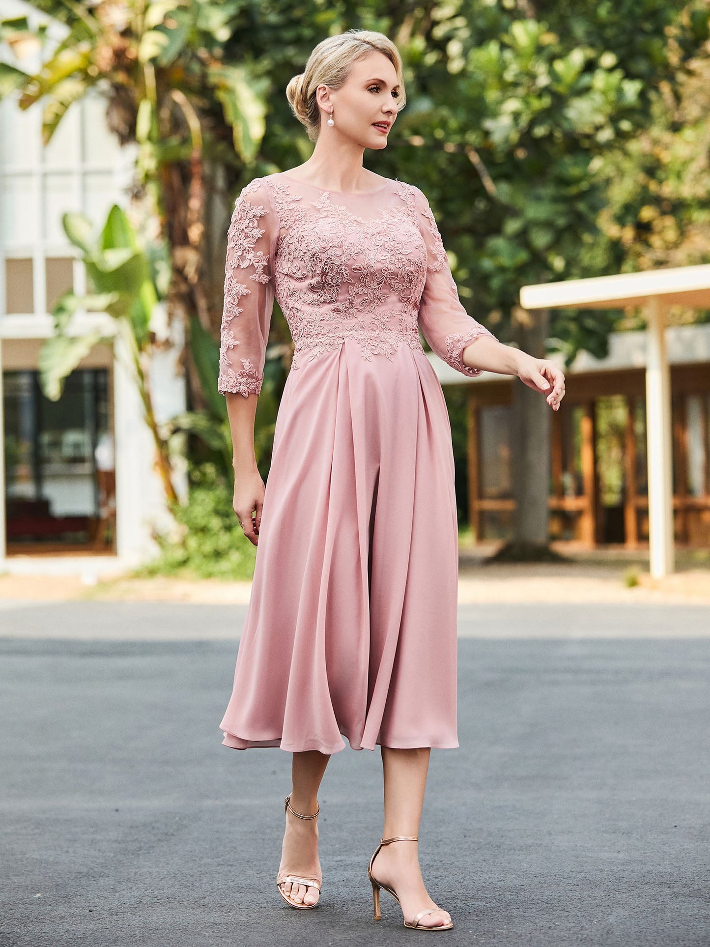A-line Lace Appliqued Tea-length Dress Dusty Rose