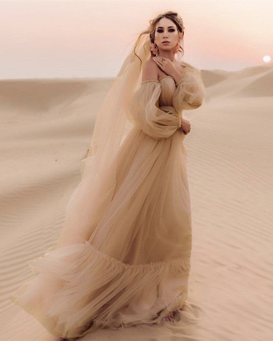 Champagne Tulle Boho Wedding Dresses Sleeved