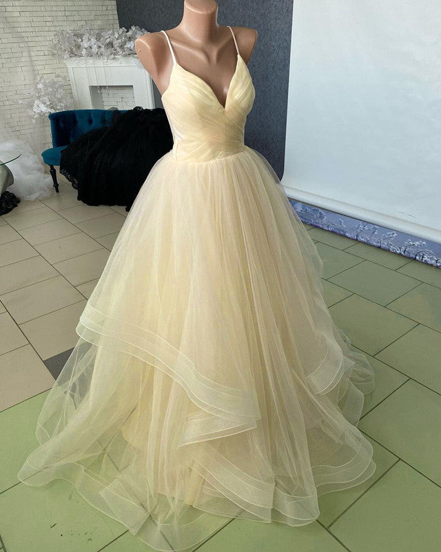 Champagne Wedding Dress V Neck Ruffles Ball Gown