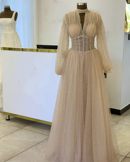 High Neck Long Sleeves Tulle Dresses With Pearl Beaded