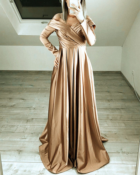 Long Sleeves Satin Dresses Off The Shoulder