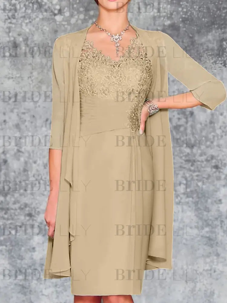 Two Piece Ruffle Chiffon Mother of the Bride Outfit Lace Short Wedding Guest Dress