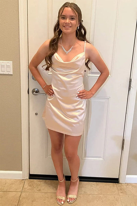 Champagne Spaghetti Straps Satin Homecoming Dress
