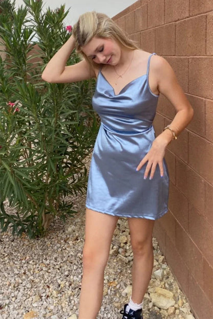 Champagne Spaghetti Straps Satin Homecoming Dress