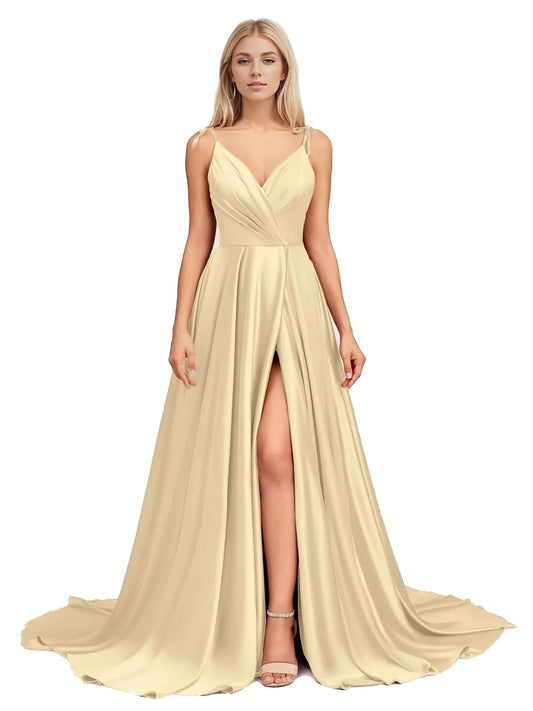 DingjiElegant V Neck Sleeveless Split Bridesmaid Dresses Cocktail Party Prom Long Wedding Guest Dresses For Women