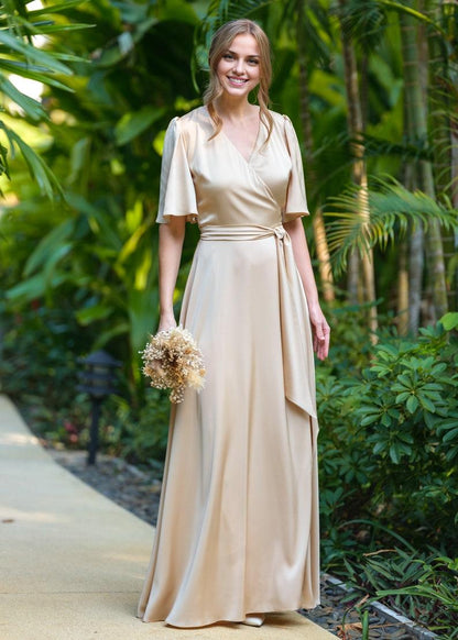 Champagne Gold V-neck Half Sleeve Long Formal Bridesmaid Dress