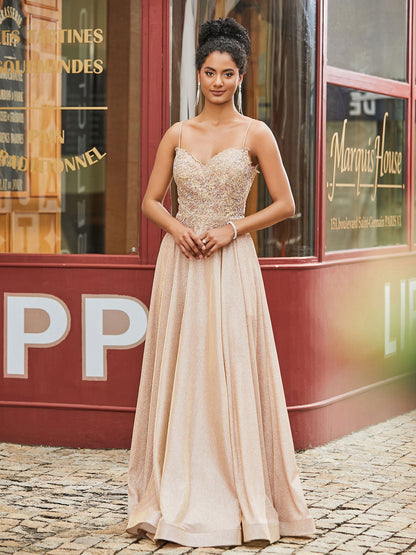 Metallic Beaded Lace Applique Bodice Dress with Pocket Champagne Gold