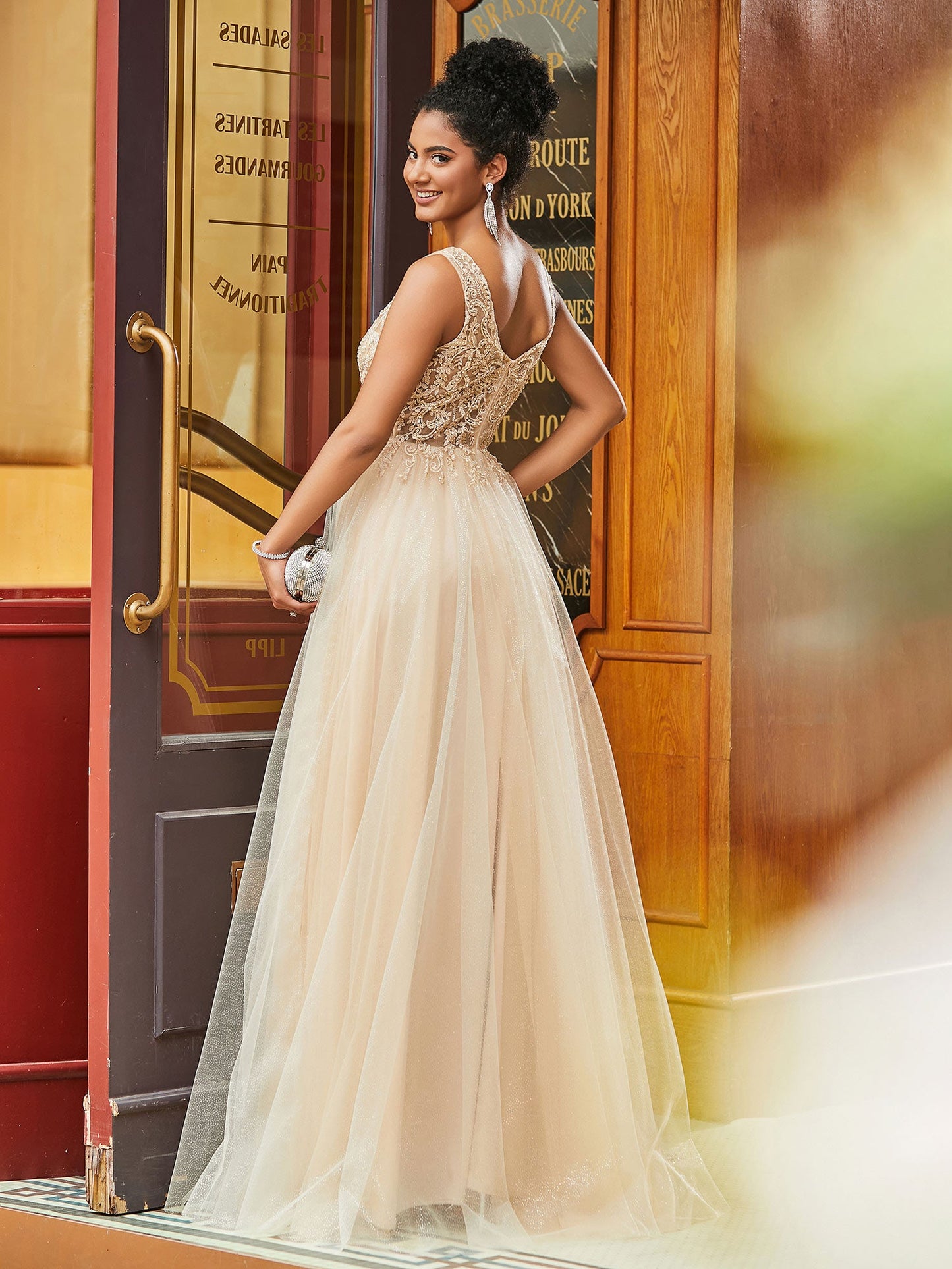 Boho Lace Bodice Square Neck A-line Tulle Dress Champagne