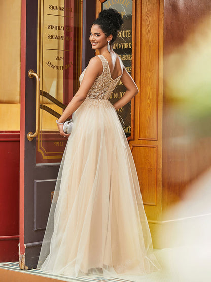 Boho Lace Bodice Square Neck A-line Tulle Dress Champagne