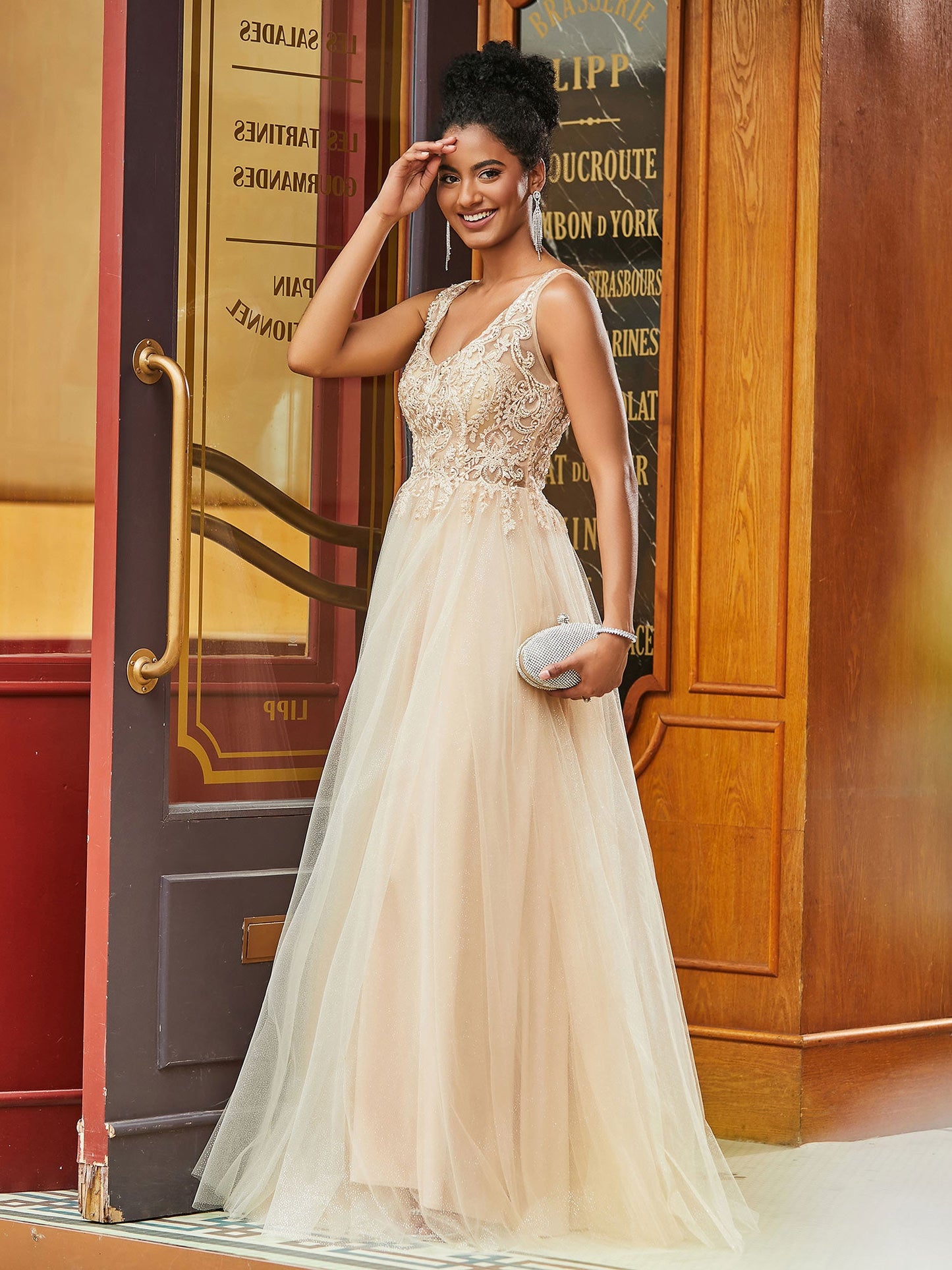 Boho Lace Bodice Square Neck A-line Tulle Dress Champagne