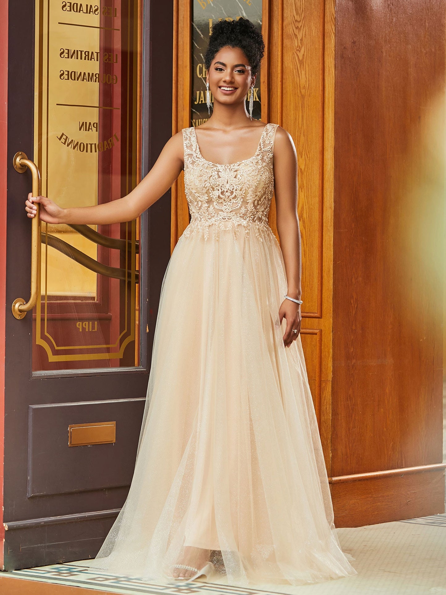 Boho Lace Bodice Square Neck A-line Tulle Dress Champagne