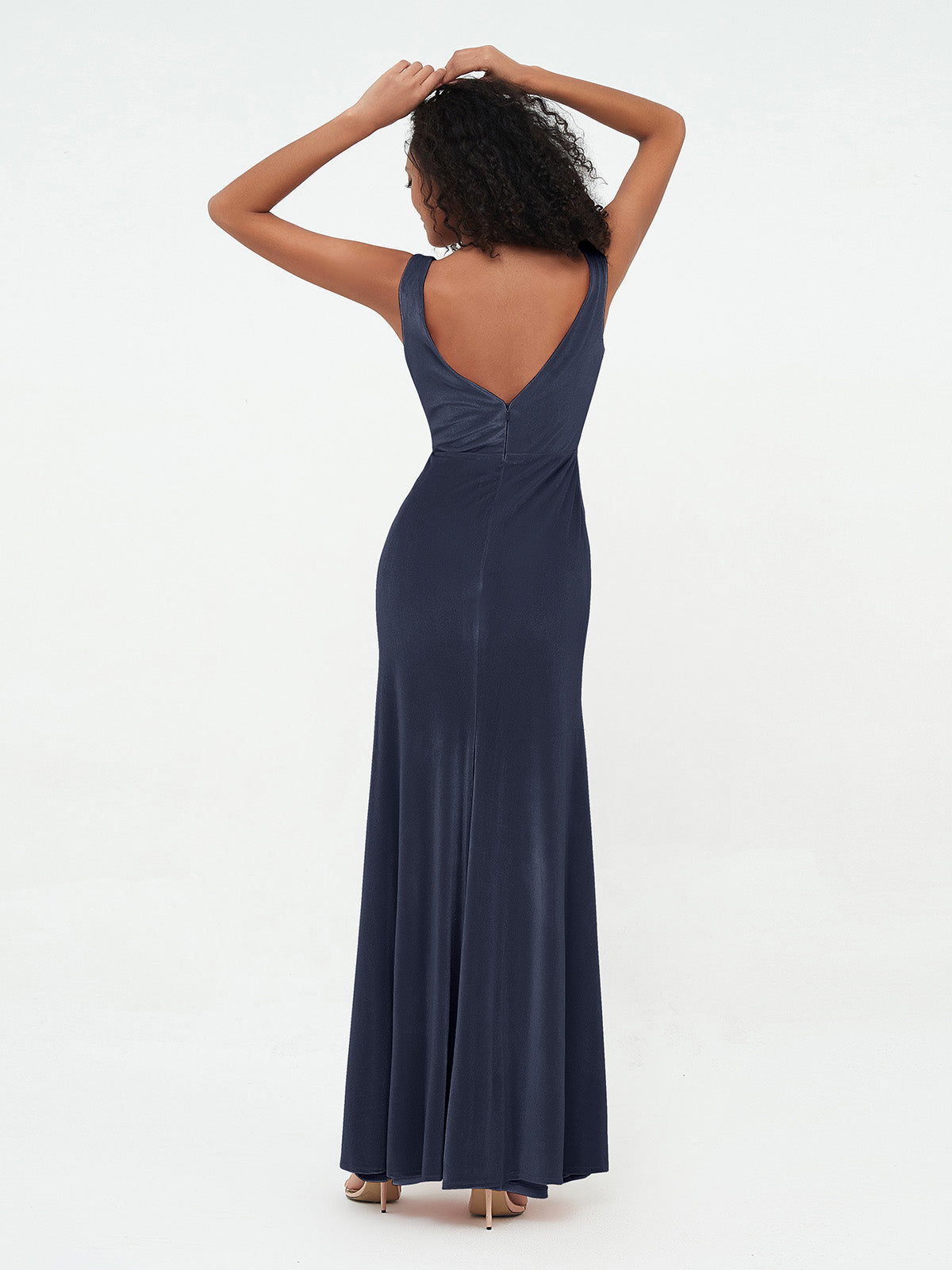 Mermaid Max Velvet Dresses with V Neckline Dark Navy