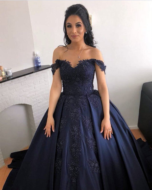 Charming Beaded Lace V-neck Off Shoulder Satin Wedding Dresses Ball Gowns