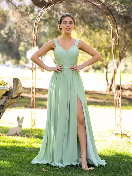 Charming A-line V-neck chiffon pleats and slits with sleeveless zipper back Prom Dresses