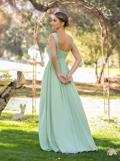Charming A-line V-neck chiffon pleats and slits with sleeveless zipper back Prom Dresses