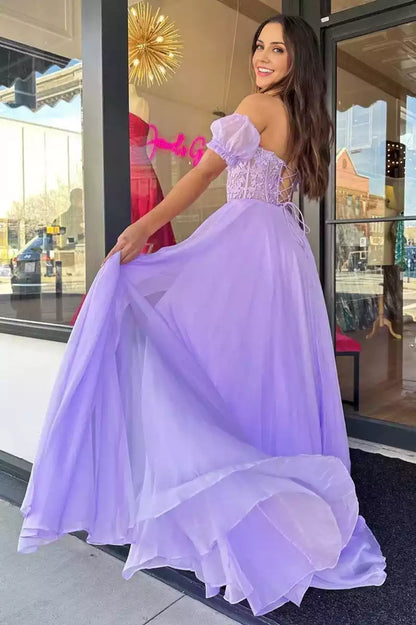 Charming A-line bubble sleeves, chiffon heart-shaped neckline, tight corset, lace applique, back tie, Prom Dresses