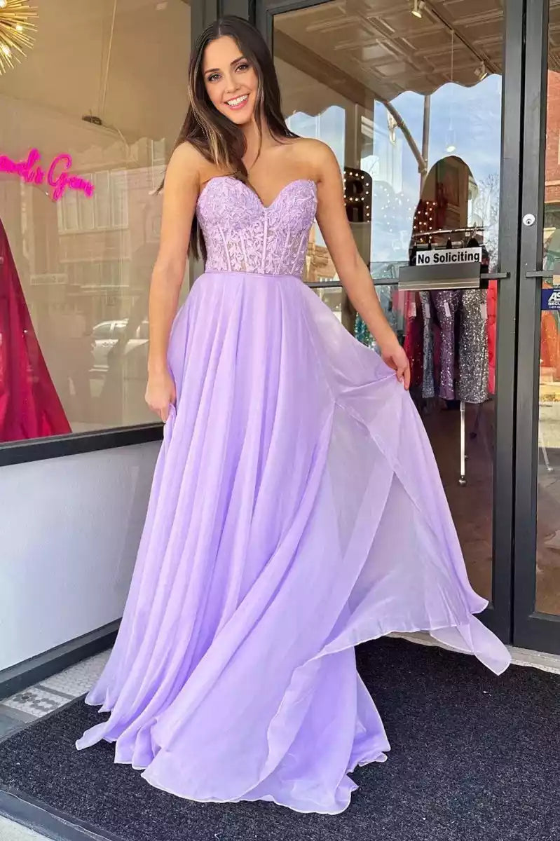 Charming A-line bubble sleeves, chiffon heart-shaped neckline, tight corset, lace applique, back tie, Prom Dresses