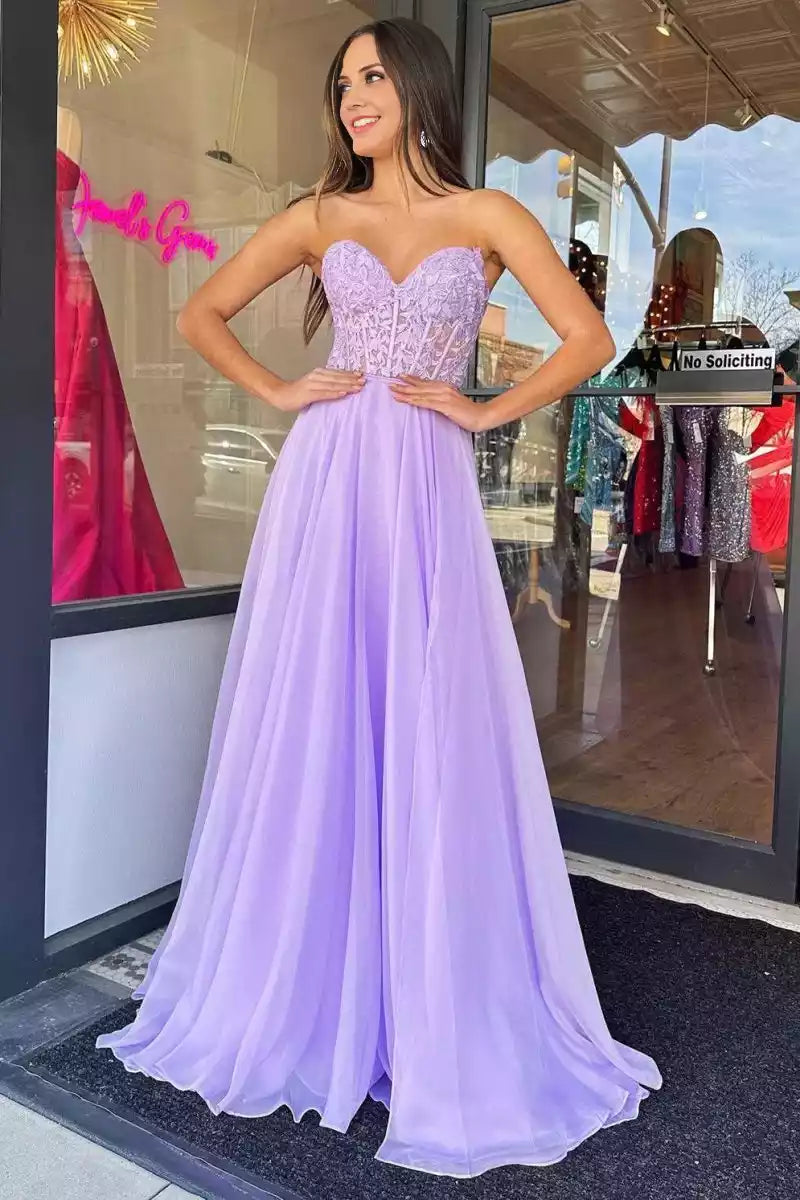 Charming A-line bubble sleeves, chiffon heart-shaped neckline, tight corset, lace applique, back tie, Prom Dresses