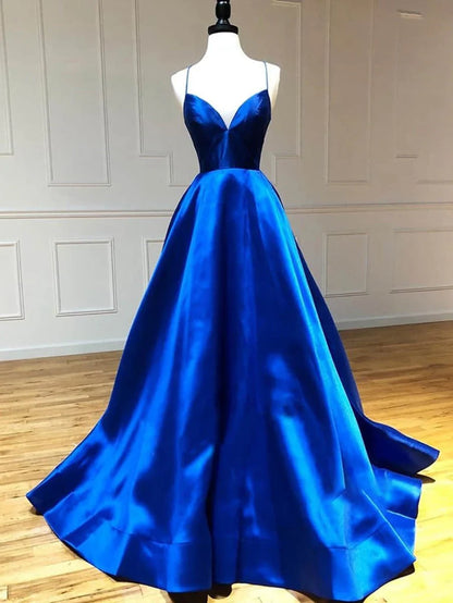 Charming A-line satin thin shoulder strap elegant and exquisite sleeveless and floor cut lace up back Prom Dresses