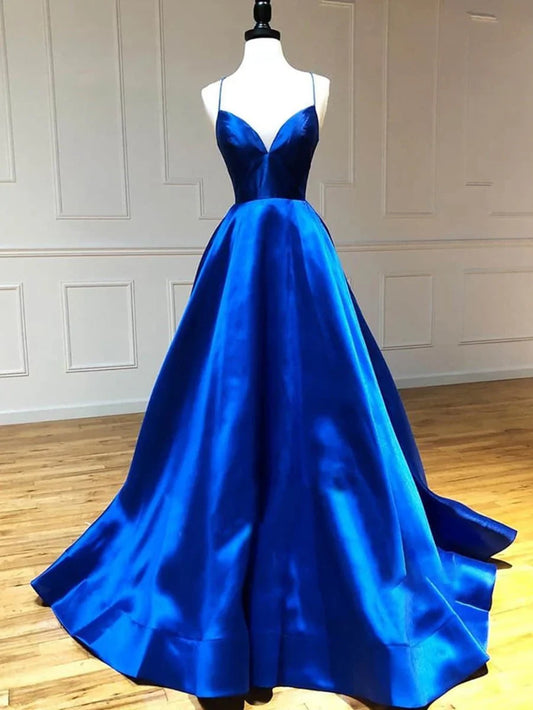 Charming A-line satin thin shoulder strap elegant and exquisite sleeveless and floor cut lace up back Prom Dresses