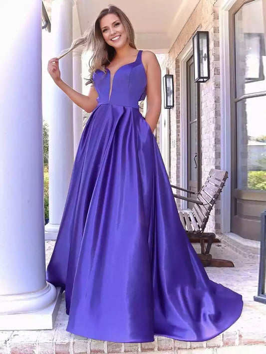 Charming A-line satin thin shoulder straps, sleeveless lace up corset, bow Prom Dresses