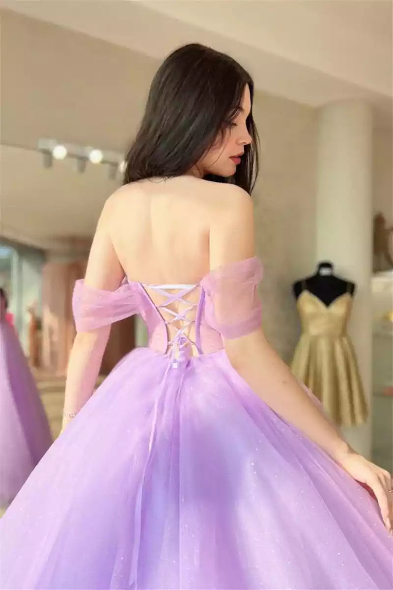 Charming A-line silhouette with elegant and flowing chiffon and off the shoulder neckline, sleeveless lace up at the back, Prom Dresses