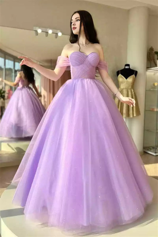 Charming A-line silhouette with elegant and flowing chiffon and off the shoulder neckline, sleeveless lace up at the back, Prom Dresses