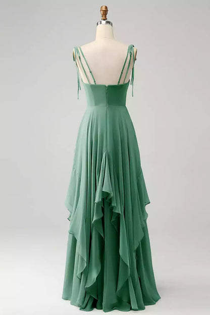 Charming A-line silhouette with thin shoulder straps, chiffon ruffles, and ground length Bridesmaid Dresses