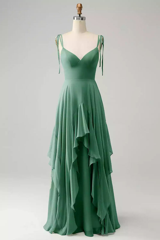 Charming A-line silhouette with thin shoulder straps, chiffon ruffles, and ground length Bridesmaid Dresses