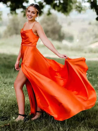 Charming A-line thin shoulder strap and scarf collar with slit and sleeveless zipper back Prom Dresses