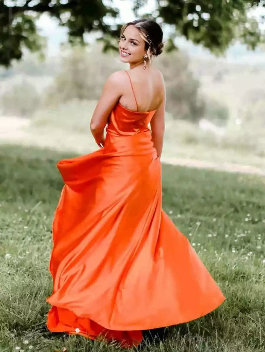 Charming A-line thin shoulder strap and scarf collar with slit and sleeveless zipper back Prom Dresses