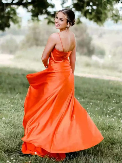 Charming A-line thin shoulder strap and scarf collar with slit and sleeveless zipper back Prom Dresses