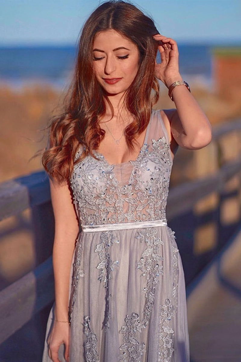 Charming Light Gray Lace V Neck Long Prom Dress, Light Gray Lace Formal Graduation Evening Dress