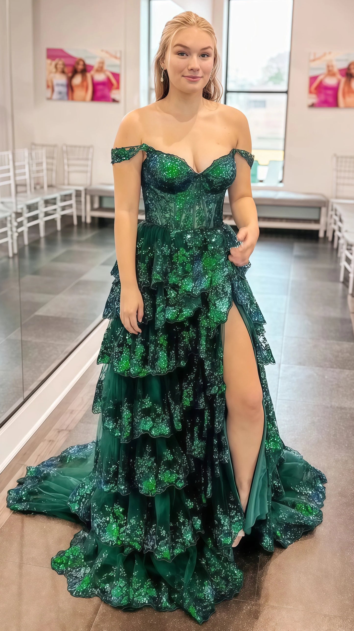 Charming Applique Tiered A-Line Senior Prom Dress, Long Party Gown,AST1622