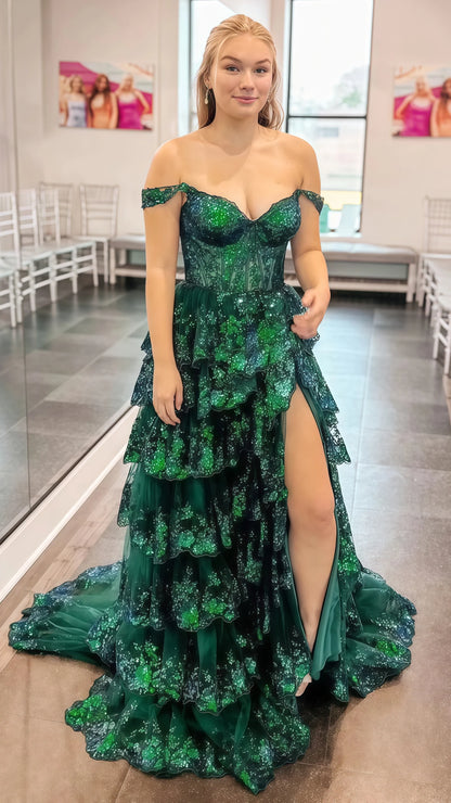 Charming Applique Tiered A-Line Senior Prom Dress, Long Party Gown,AST1622