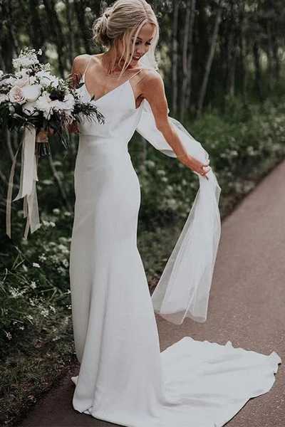 Charming Spaghetti Straps Mermaid Backless Satin Long Beach Wedding Dresses