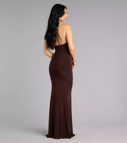 Charming deep V-neckline, front waistband, hanging pleats, backless mermaid, and floor skirt Prom Dresses