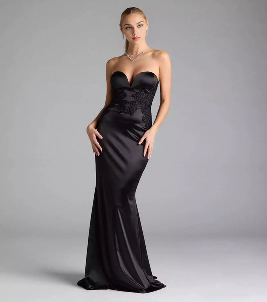 Charming elastic satin strapless heart-shaped neckline with back zipper mermaid silhouette and floor Prom Dresses
