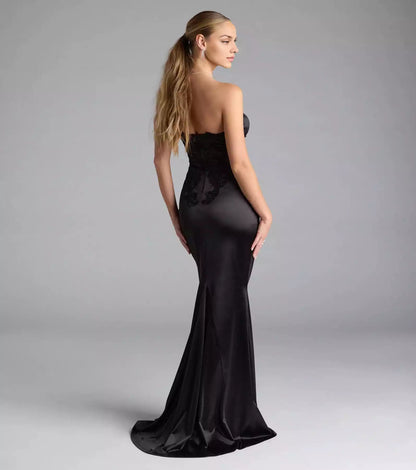 Charming elastic satin strapless heart-shaped neckline with back zipper mermaid silhouette and floor Prom Dresses