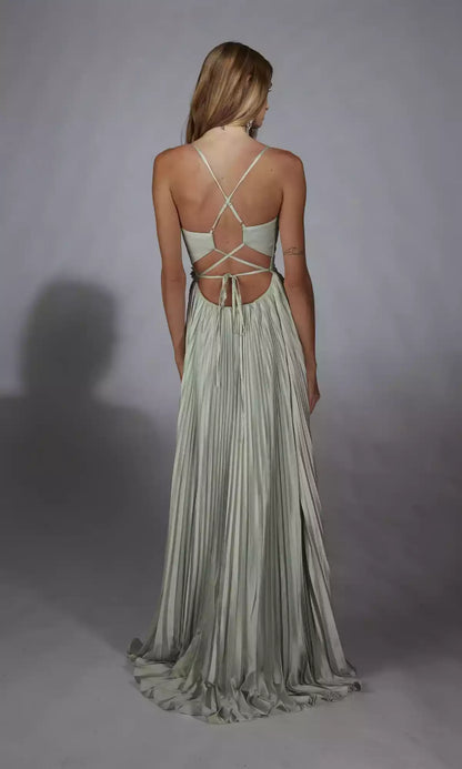 Charming long satin pleated A-line skirt with bead embellishments, natural waistline exposed, low perspective V-neck Prom Dresses