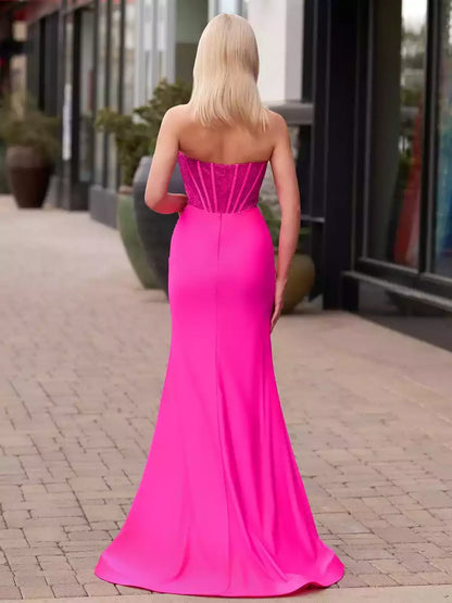 Charming mermaid off shoulder satin and sleeveless beaded lace up back Prom Dresses