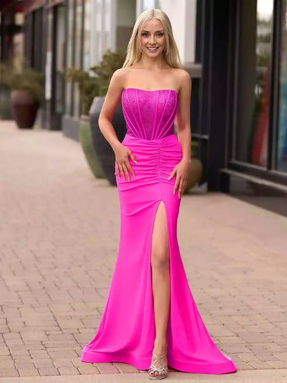 Charming mermaid off shoulder satin and sleeveless beaded lace up back Prom Dresses