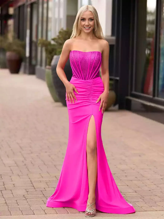 Charming mermaid off shoulder satin and sleeveless beaded lace up back Prom Dresses