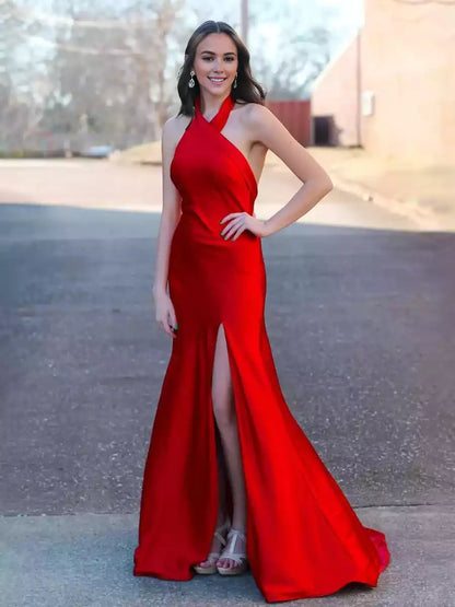 Charming mermaid satin backless sleeveless side slit back strap Prom Dresses