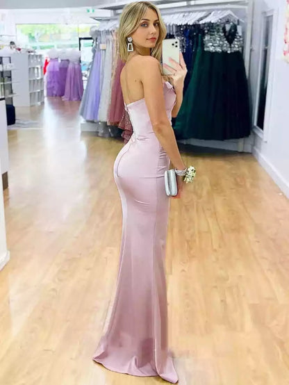 Charming mermaid satin single shoulder neckline sleeveless pleated lace up back Prom Dresses