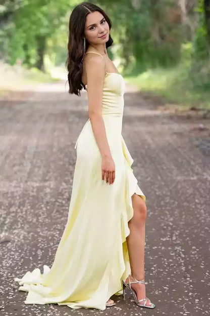 Charming mermaid satin square neck sleeveless ruffle hem and slit lace up back Prom Dresses