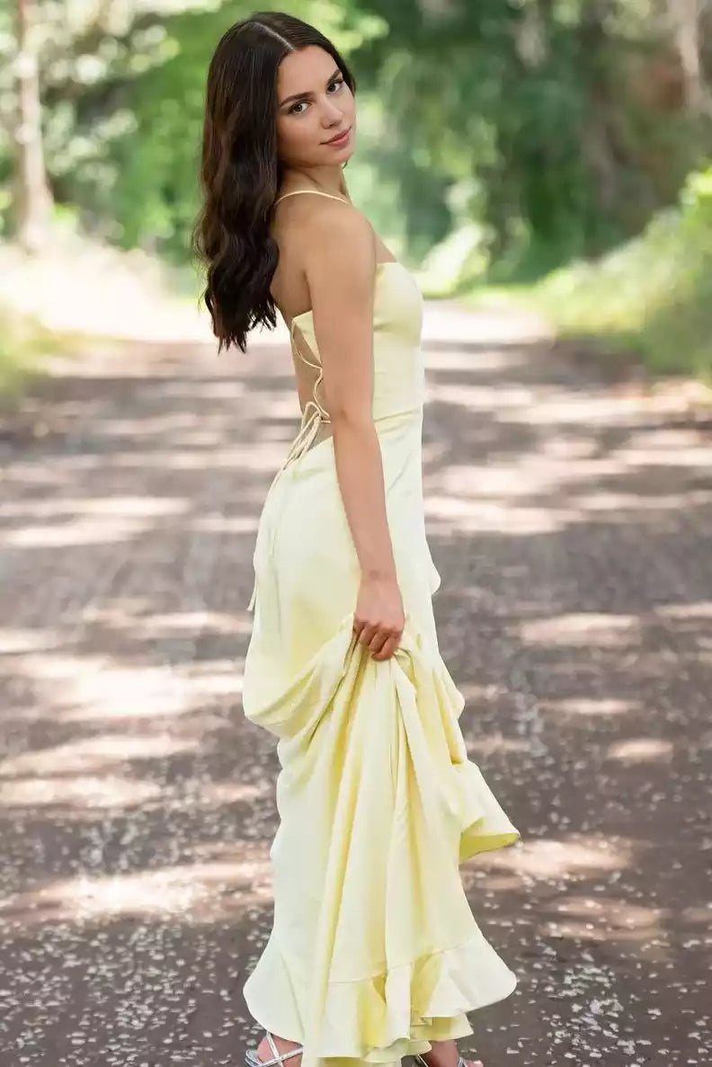 Charming mermaid satin square neck sleeveless ruffle hem and slit lace up back Prom Dresses