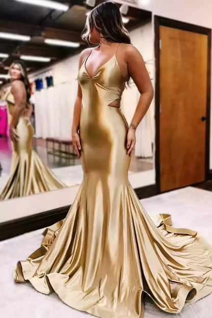 Charming mermaid satin thin shoulder strap, sleeveless collar, lace up back Prom Dresses